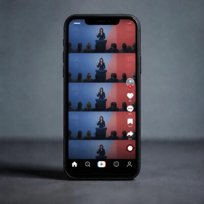 Ein Smartphone vor schlichtem Hintergrund. Auf dem Display ist TikTok dargestellt.