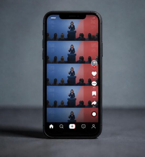 Ein Smartphone vor schlichtem Hintergrund. Auf dem Display ist TikTok dargestellt.