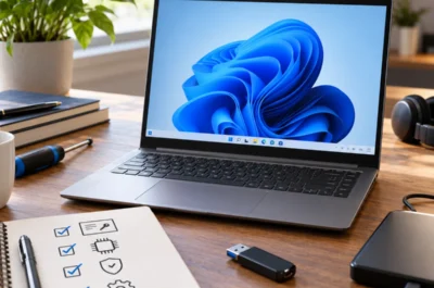 Gebrauchter Laptop mit Windows 11 auf einem Schreibtisch, daneben USB-Stick, externe Festplatte und Checkliste zur sicheren Einrichtung.