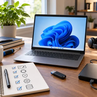 Gebrauchter Laptop mit Windows 11 auf einem Schreibtisch, daneben USB-Stick, externe Festplatte und Checkliste zur sicheren Einrichtung.