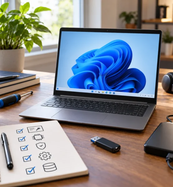Gebrauchter Laptop mit Windows 11 auf einem Schreibtisch, daneben USB-Stick, externe Festplatte und Checkliste zur sicheren Einrichtung.