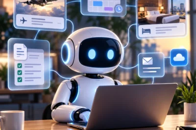 Weißer KI-Roboter arbeitet an einem Laptop, während digitale Fenster für Flug, Hotel, Kalender, E-Mail und Dokumente seine Aufgaben als KI-Agent darstellen.