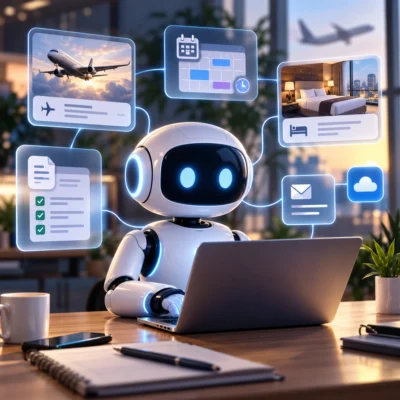 Weißer KI-Roboter arbeitet an einem Laptop, während digitale Fenster für Flug, Hotel, Kalender, E-Mail und Dokumente seine Aufgaben als KI-Agent darstellen.