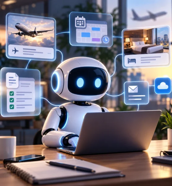 Weißer KI-Roboter arbeitet an einem Laptop, während digitale Fenster für Flug, Hotel, Kalender, E-Mail und Dokumente seine Aufgaben als KI-Agent darstellen.