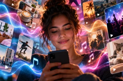 Junge Frau betrachtet ihr Smartphone, umgeben von schwebenden Social-Media-Videos, bunten Musiknoten und leuchtenden Schallwellen, die den Einfluss von Musik auf digitale Inhalte symbolisieren.