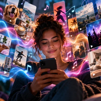 Junge Frau betrachtet ihr Smartphone, umgeben von schwebenden Social-Media-Videos, bunten Musiknoten und leuchtenden Schallwellen, die den Einfluss von Musik auf digitale Inhalte symbolisieren.