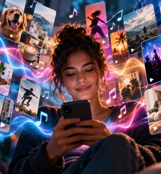 Junge Frau betrachtet ihr Smartphone, umgeben von schwebenden Social-Media-Videos, bunten Musiknoten und leuchtenden Schallwellen, die den Einfluss von Musik auf digitale Inhalte symbolisieren.