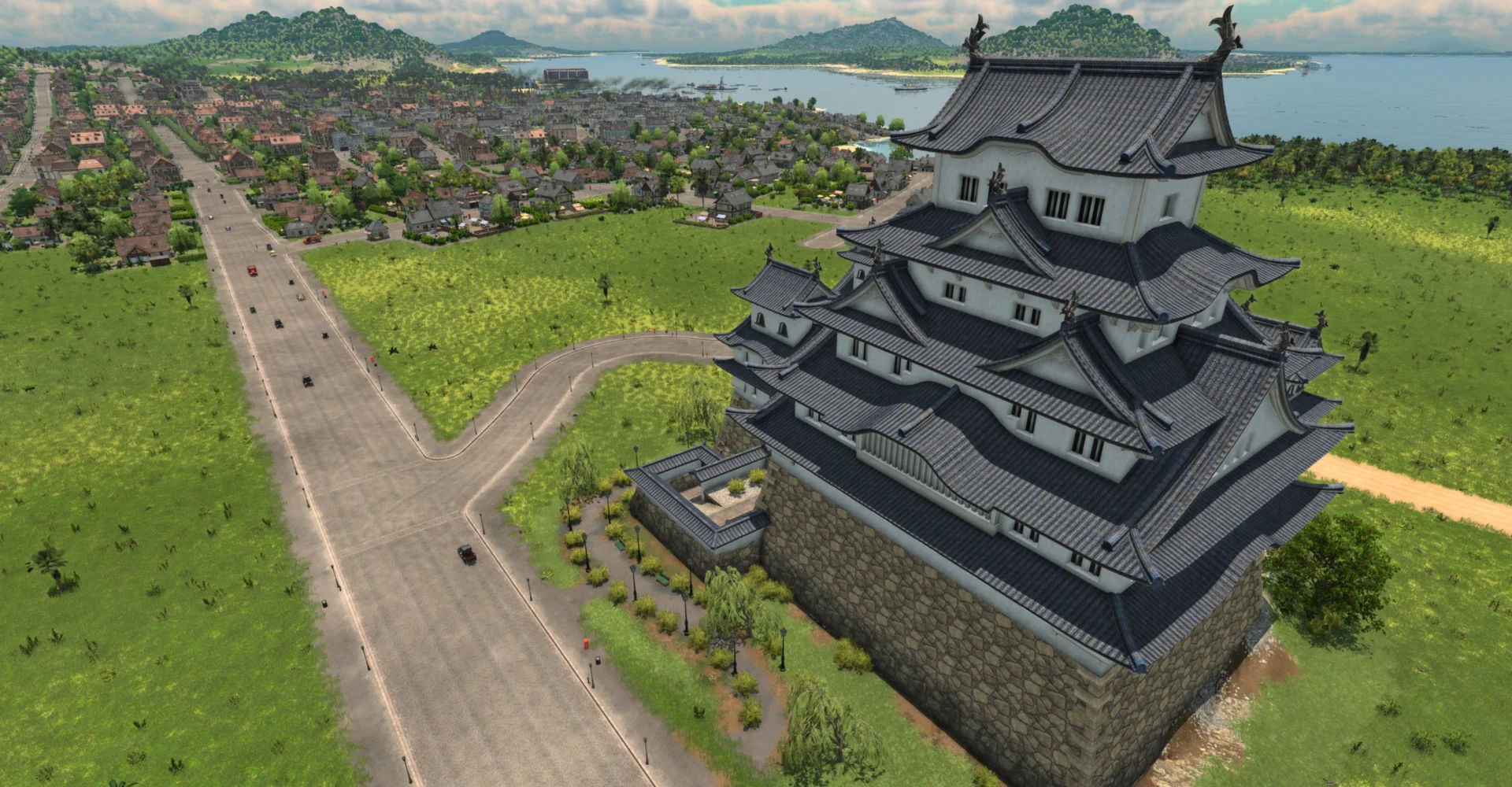 Die Burg des weißen Reihers vor einer großen Stadt in Transport Fever 3