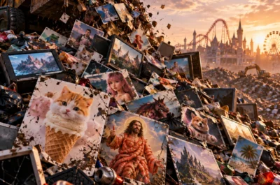 Ein Müllwagen kippt massenhaft KI-generierte Bilder, darunter absurde Katzenmotive, Fantasy-Landschaften und digitale Kunstwerke, auf eine riesige Müllhalde. Im Hintergrund ist ein Freizeitpark zu sehen.