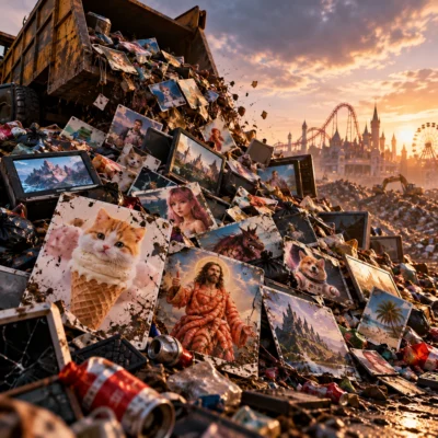 Ein Müllwagen kippt massenhaft KI-generierte Bilder, darunter absurde Katzenmotive, Fantasy-Landschaften und digitale Kunstwerke, auf eine riesige Müllhalde. Im Hintergrund ist ein Freizeitpark zu sehen.