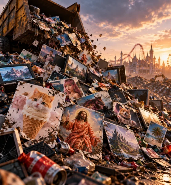 Ein Müllwagen kippt massenhaft KI-generierte Bilder, darunter absurde Katzenmotive, Fantasy-Landschaften und digitale Kunstwerke, auf eine riesige Müllhalde. Im Hintergrund ist ein Freizeitpark zu sehen.